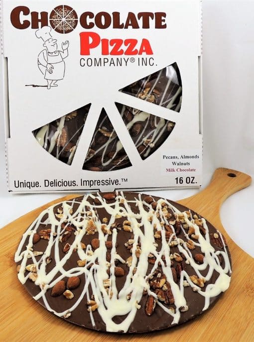 chocolate pizza with pecans almonds walnuts and pizza box