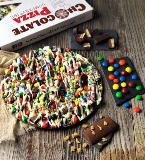 chocolate pizza topped with colorful candy