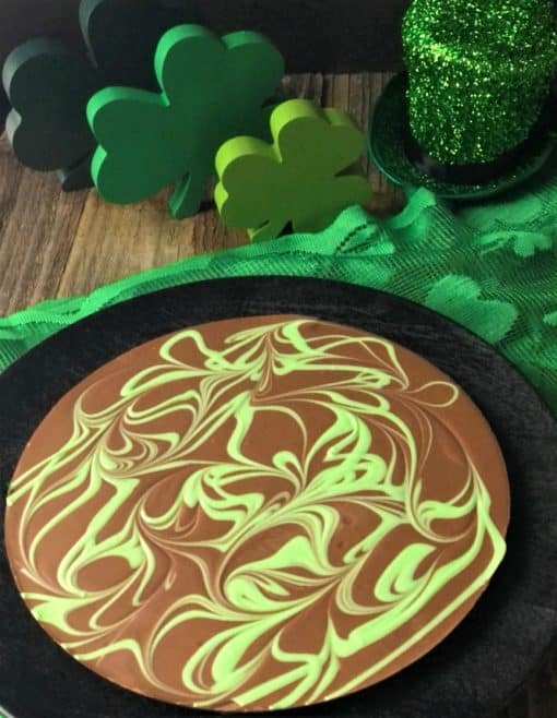 Irish cream Chocolate Pizza with green swirls in milk chocolate