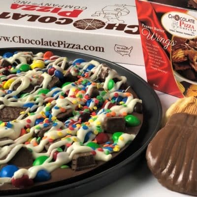 combo avalanche chocolate pizza and peanut butter wings in milk chocolate
