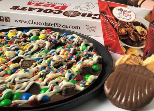 combo avalanche chocolate pizza and peanut butter wings in milk chocolate