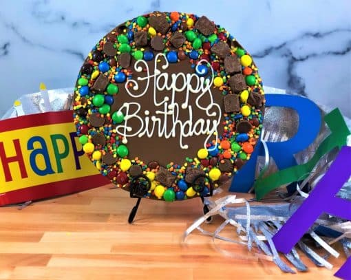 happy birthday chocolate pizza with colorful candy border