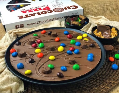 Chocolate Pizza topped with peanut butter cups candies