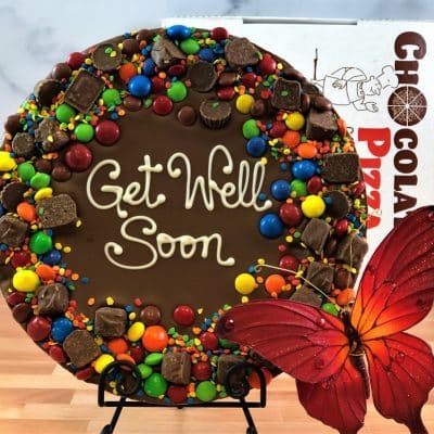 get well soon chocolate pizza with candy avalanche border