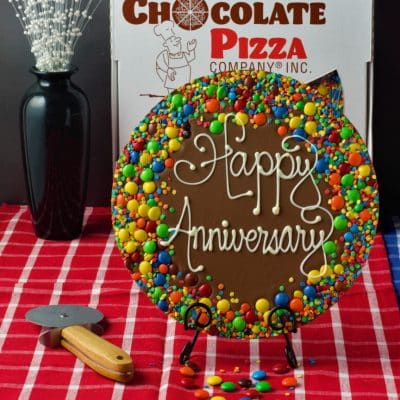 anniversary chocolate pizza on table