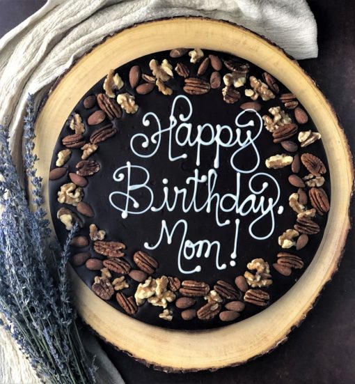 happy birthday mom chocolate pizza in dark chocolate with nuts