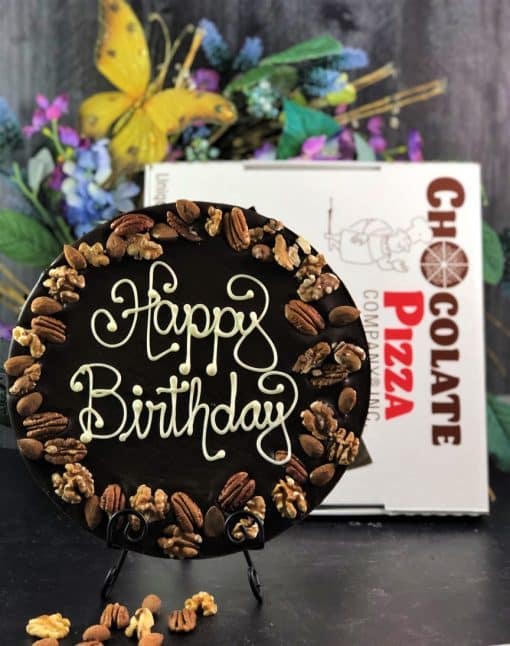 happy birthday dark chocolate pizza with nuts