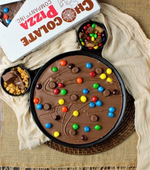 flat lay view of peanut butter cups Chocolate Pizza