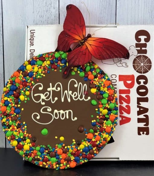 get well soon chocolate pizza with box and butterfly