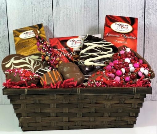 Valentines gift basket of milk and dark chocolate