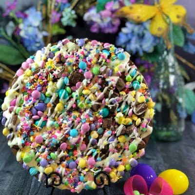 Easter Chocolate Pizza with pastel chocolates