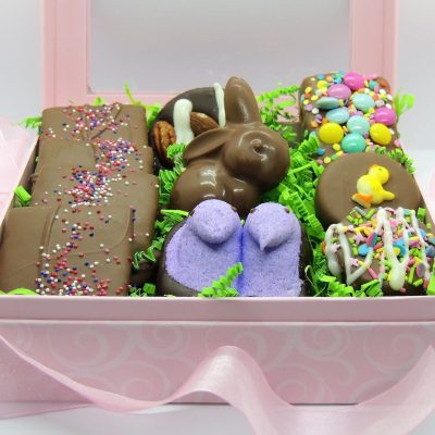Easter gifts for her chocolate treats in pink gift box with bow