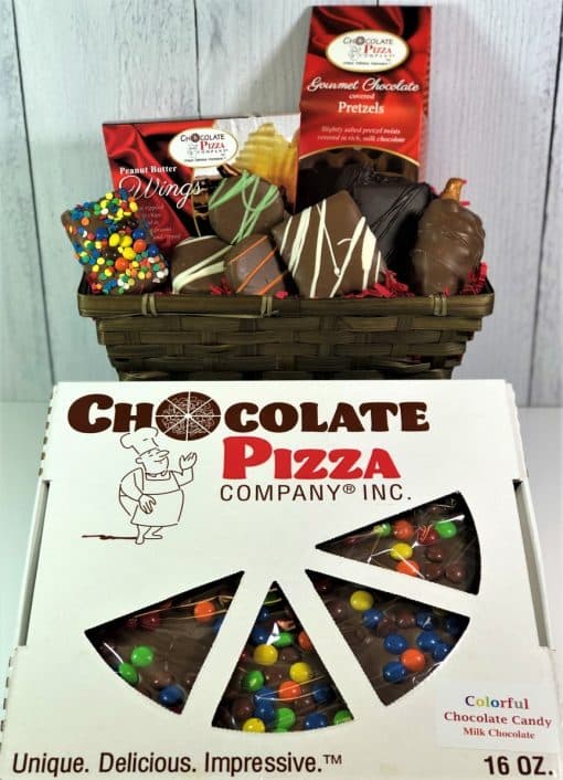 chocolate cravings gift basket with chocolate pizza