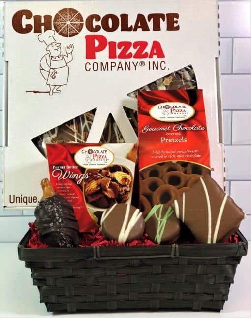 pizza gift basket with chocolate pizza