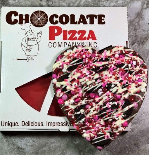 chocolate heart pizza with cookies and pizza box