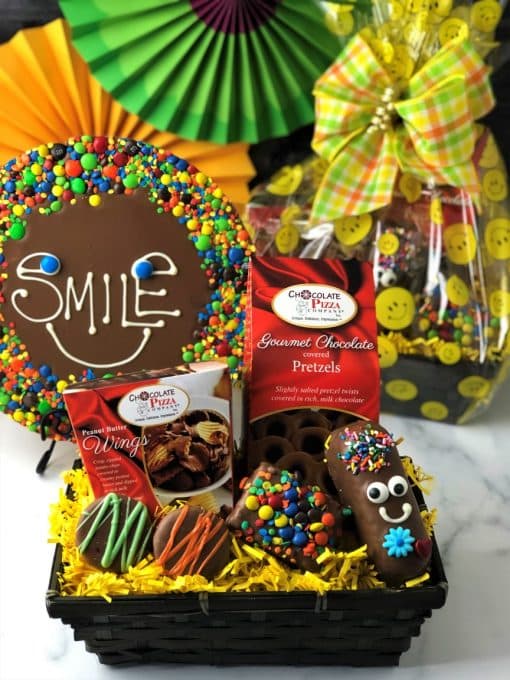 keep smiling gift basket and chocolate pizza