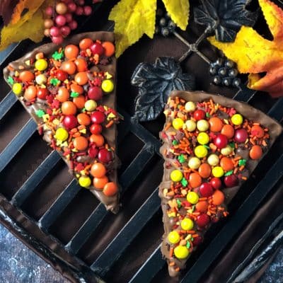 autumn chocolate candies on Chocolate Pizza slice