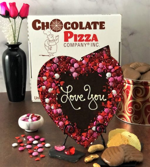 dark chocolate heart shaped chocolate pizza says love you