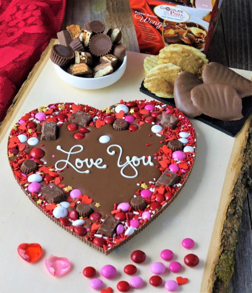 heart shaped Chocolate Pizza says love you with PB wings