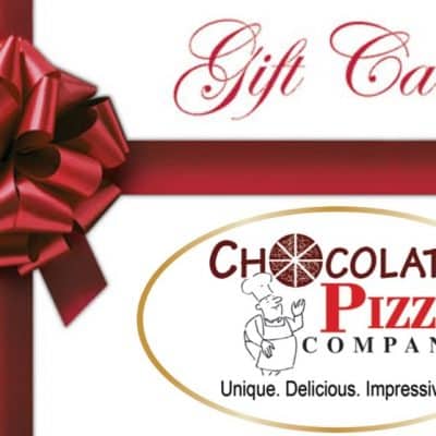 picture of a gift card with the Chocolate Pizza Company logo