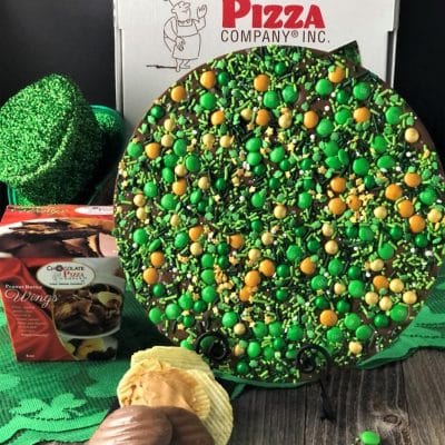 lucky for you chocolate pizza covered in green gold chocolate candies plus peanut butter wings