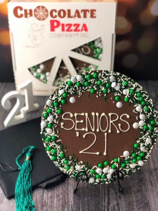 graduation gift seniors 21 chocolate pizza with green white decorations