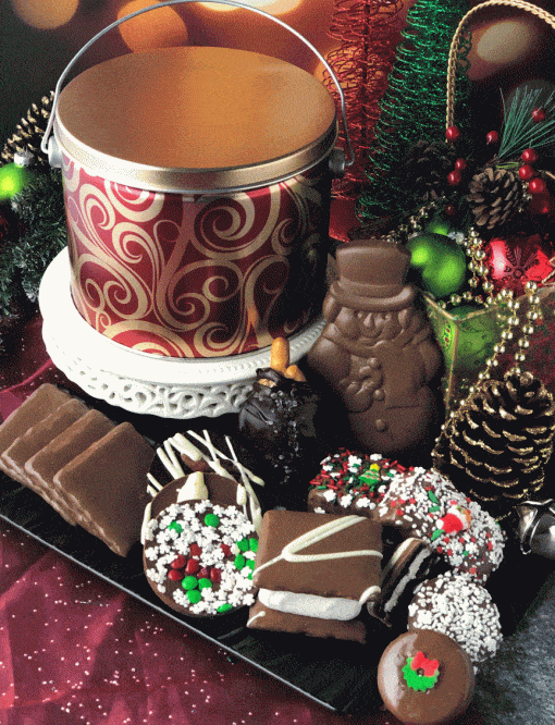 12 wrapped chocolate treats in red metal tin for 12 days of Christmas