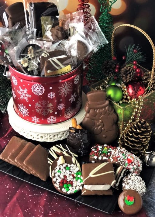 12 days of Christmas tin with a dozen gourmet chocolate treats
