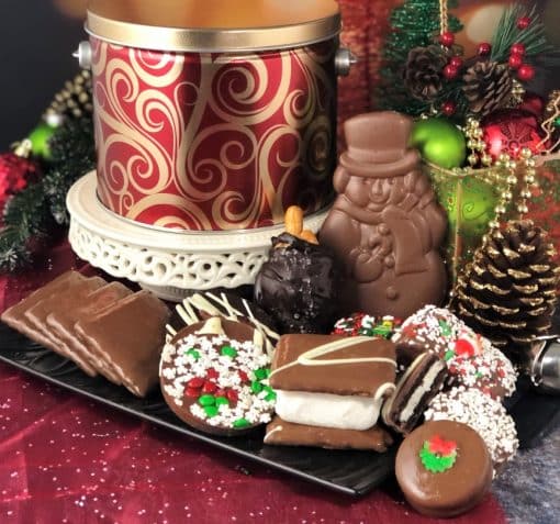 red gold holiday tin with 12 days of Christmas chocolate treats